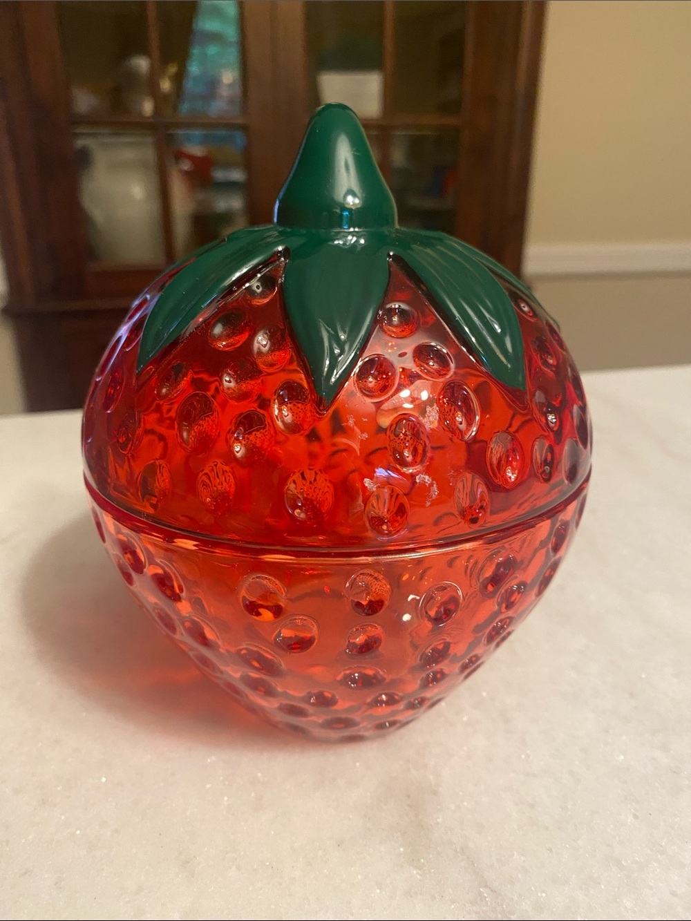 Red Strawberry textured Glass Candy Dish with Green stem Lid